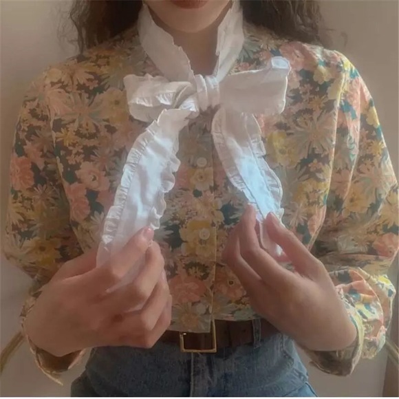 Floral blouse shirt button long sleeve bow tie flower top pink multicolor - Picture 3 of 4